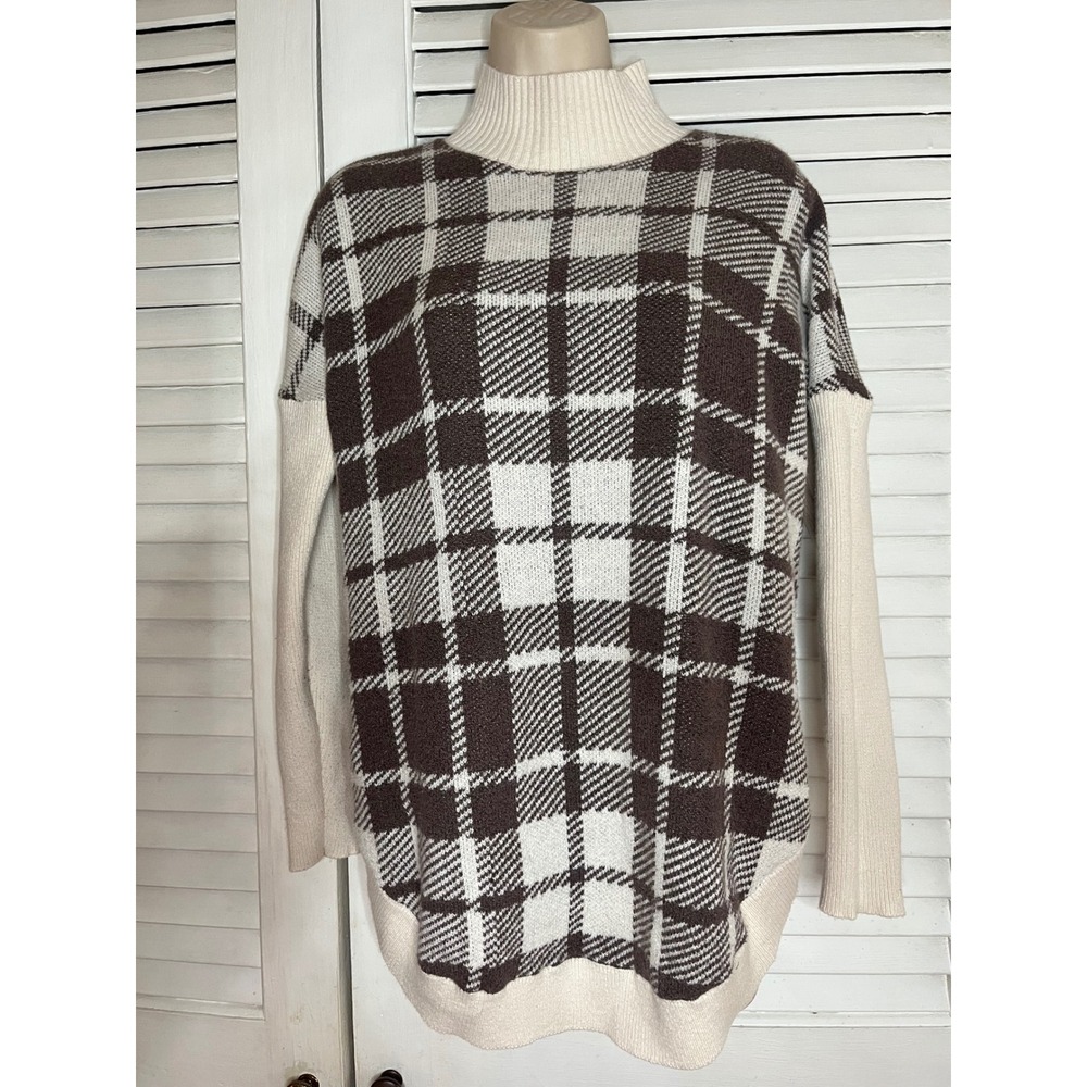 LOFT Outlet Petite Plaid Mock Neck Sweater Brown Cream Knit MP